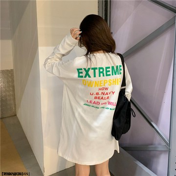 港風chic長袖T恤春秋胖MM大碼寬鬆慵懶風磨破中長款薄衛衣女