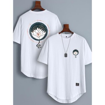 中國風純棉t恤男白蓮花短袖寬松大碼五分袖前短后長蝙蝠衫落肩潮