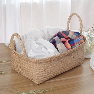 日式手工編織方形提手草編收納筐盒整理箱收納箱臟衣收納籃田園風1入
