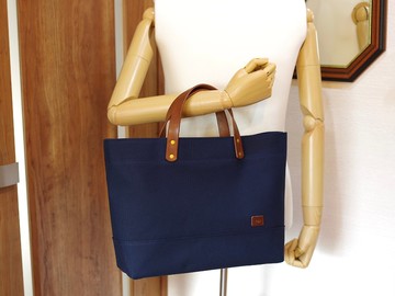 皮革提把帆布托特包 A4 長形 海軍藍