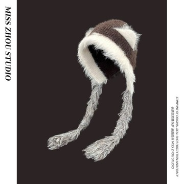 美拉德毛絨帽子顯臉小女冬季辮子加厚保暖護耳防寒百搭毛絨針織帽