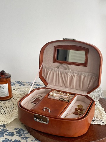 飾品首飾收納盒 棕色復古手提高檔皮質首飾盒帶鎖黃金珠寶首飾手鐲玉器手串收藏盒