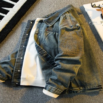 【免運】外套 牛仔服 牛仔外套 修身穿搭 潮流男裝 橫派潮品美式短款機車翻領牛仔夾克男春秋款刺繡做舊修身外套上衣