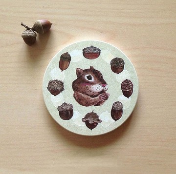 松鼠與橡果陶瓷吸水杯墊 淺綠/淺橘