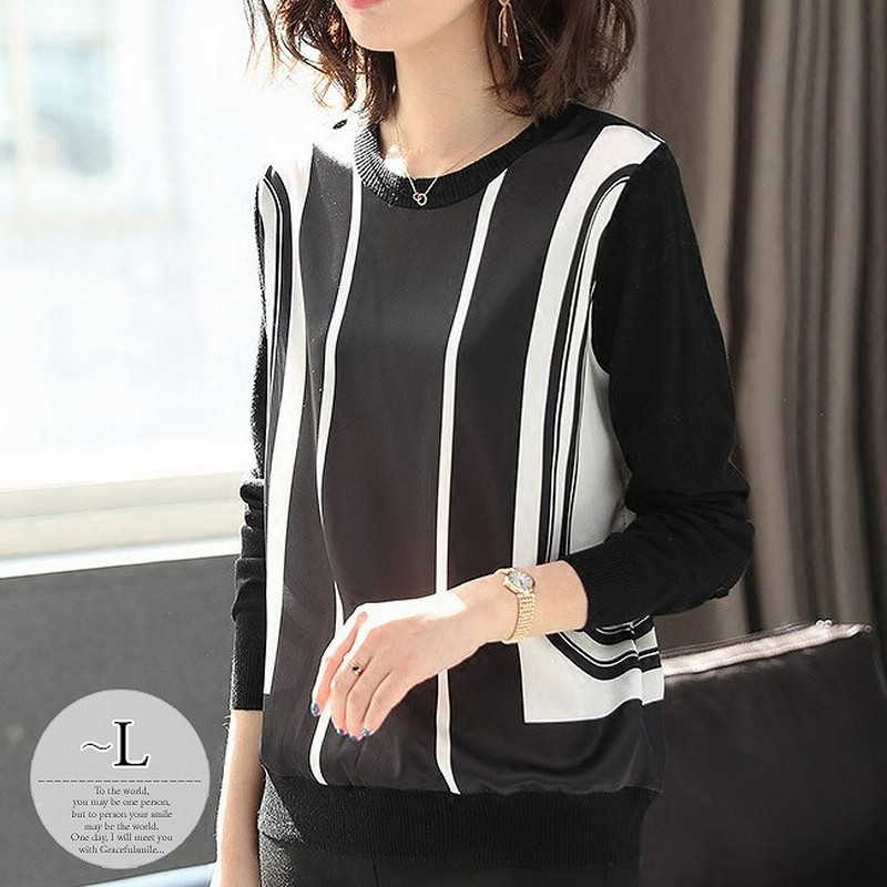 セーター トップス レディース 大きいサイズ 秋 冬 きれいめ ブラック ホワイト ニット シフォン モノトーン ライン 異素材 クール オフィススタイル 長袖 じょうひん エレガント モード お呼ばれ 大人 体型カバー 着痩せ Tba28 L 1 Color 人気商品の為今注文で5 日