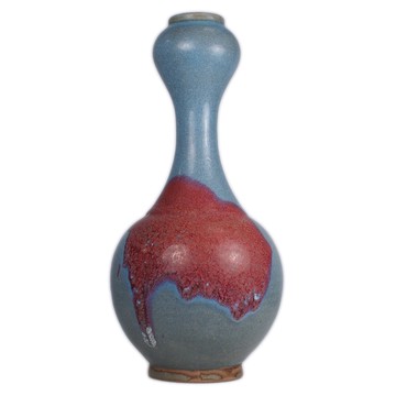 《博古珍藏》元．鈞窯天青釉紫斑蒜頭瓶．早期收藏．老件花瓶瓷器．博物館級文物．底價回饋