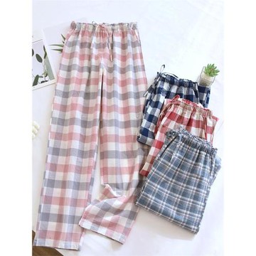 色織純棉格子睡褲春夏家居褲全棉水洗棉長褲加大女春秋寬松可外穿