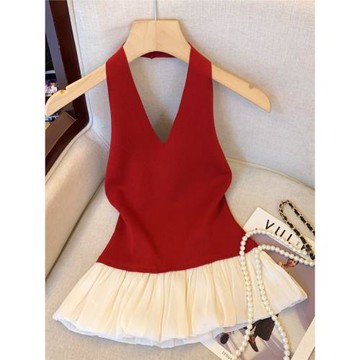 辣妹掛脖V領露背吊帶背心女夏季新款外穿高級感洋氣小眾裙擺上衣