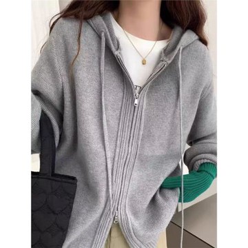 溫柔風純色連帽針織衫女2025春秋新款甜美風休閑寬松拉鏈外套上衣