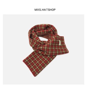 圣誕風紅色小圍巾女短款可愛學生保暖潮ins復古格子百搭顯白圍脖