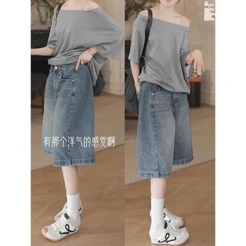 復古藍闊腿牛仔短褲女2025年夏季薄款大碼胖mm顯瘦直筒五分褲中褲