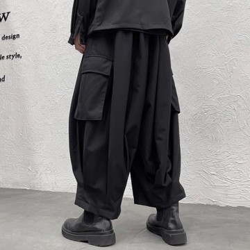 山本風暗黑大口袋拼接個性闊腿褲男潮流機能工裝褲燈籠褲蘿卜靴褲