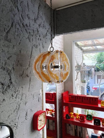 普普年代Spaceage義大利手工氣泡玻璃 橘白雙色 厚實圓弧玻璃吊燈