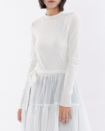 微透膚條紋木耳邊高領長袖上衣-白 S/M/L