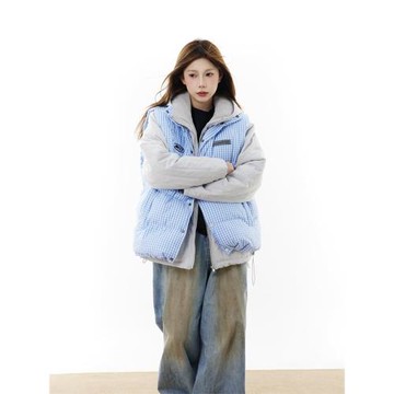 復古慵懶風格子馬甲拼接棉衣外套男女冬季加厚美式情侶兩件套棉服