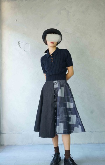 設計手作-牛仔拼布不對稱設計環圈復古圓裙