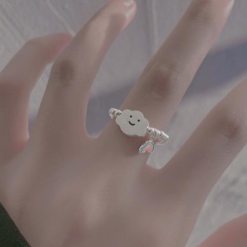 925純銀彩虹云朵戒指女手工穿制簡約彈力繩設計銀珠手串笑臉指環