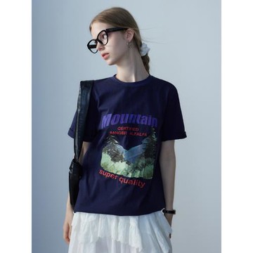 EGGKA純色印花短袖上衣女夏新款百搭時尚氣質寬松顯瘦圓領正肩T