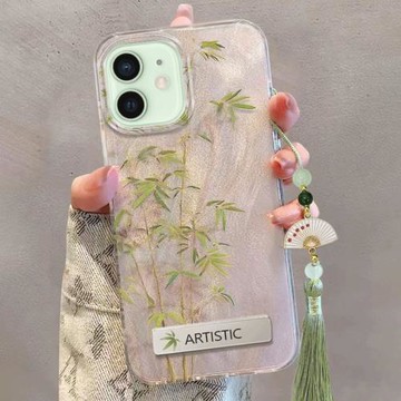 適用蘋果11手機殼iPhone11promax女新款防摔保護套11PRO簡約吊墜流蘇十一硅膠羽紗殼清新蕭條細竹帶支架外殼