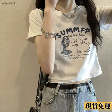 🌟全場免運🌟 2026時尚小衆印花  短袖   上衣 女ins 夏季 圓領修身新款顯瘦白色短款T恤