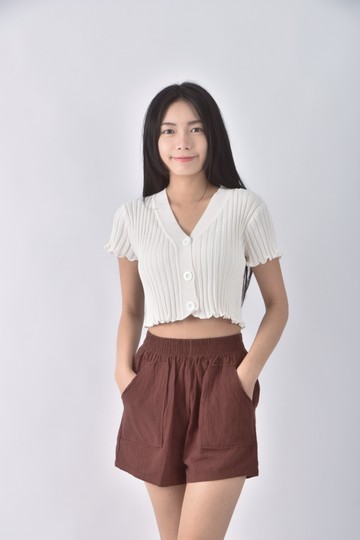 (S) 高腰棉質純棉棕色短褲