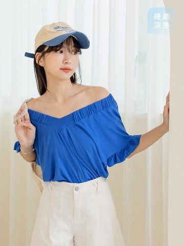 涼感．小V臉莫代爾荷葉袖上衣