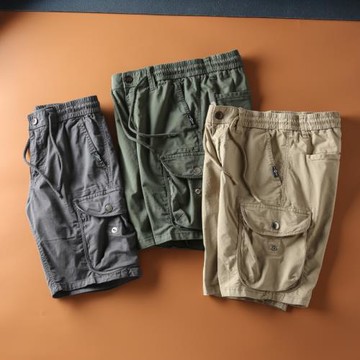 夏季新款美式復古男士松緊腰暗扣大口袋水洗棉工裝休閑短褲五分褲