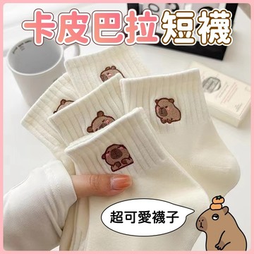 桃園出貨 卡皮巴拉刺繡襪子 短筒襪 水豚短襪 卡皮巴拉襪 可愛襪子 卡皮巴拉短襪 水豚襪 女襪子 水豚襪 素色襪