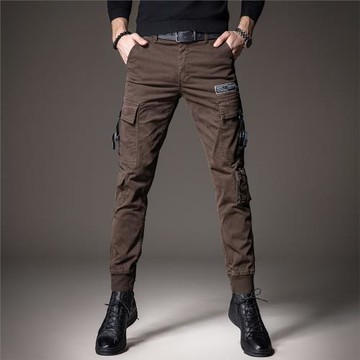 秋季咖啡色工裝褲男潮牌修身多口袋小腳新款機能硬漢傘兵休閑褲男