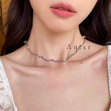 An:Sr—「唯美波浪水鑽 鎖骨鍊」設計感 浪花 水波 飾品 項鍊 百搭D0009