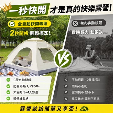 【現貨免運】🔥2秒速開帳篷 塗銀防曬UPF50+ 3-4人全自動露營帳 防雨隔熱 輕量好收
