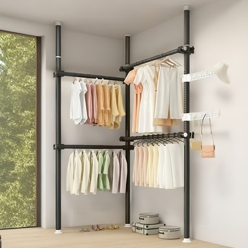 STYLE 格調 頂天立地掛衣架 3桿4橫樑2衣翅 無痕安裝 自由調節 加粗鋼管 黑色  76~130.5 x 262.5~318.5cm