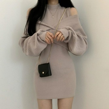 【純欲顯瘦】連衣裙 背心裙 針織裙 連衣裙女 吊帶裙 修身顯瘦 短款披肩兩件套 春秋季穿搭 俏皮少女感