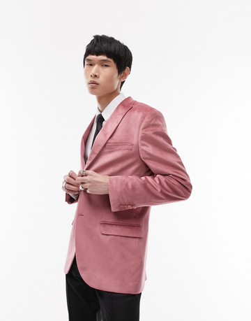 Topman slim peak lapel velvet blazer in pink