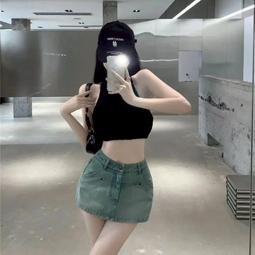 【ⓇⒺⓃⒶ 現貨馬上出】A字形高腰牛仔短裙_春季/A字形短裙/顯瘦/修身/短裙/遮胯【R21755】