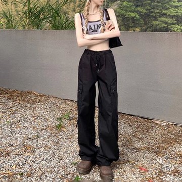 美式工裝褲女夏天薄款2023新款小個子黑色高腰闊腿顯瘦速干運動褲