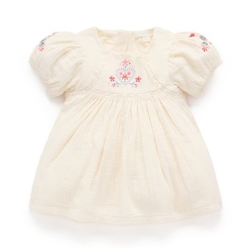 澳洲Purebaby有機棉女童短袖洋裝/童裝裙 12M-5T 米白繡花