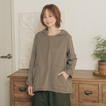 【MOSS CLUB】磨毛斜紋工裝連帽長袖上衣 咖 灰