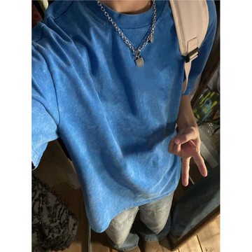 水洗做舊藍色t恤男高級感痞帥純棉短袖美式高街cleanfit七分半袖
