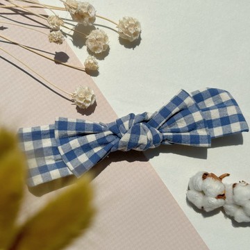 【巧妙藝手】藍色格紋 先染布手作蝴蝶結髮帶