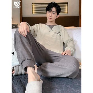 睡衣男士春秋款華夫格純棉長袖青少年男生大碼可外穿家居服套裝