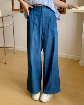 |初秋新品2件75折| 牛仔寬腿褲| 彩藍色| 無彈| 後腰橡筋