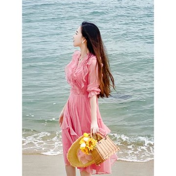 海邊渡假沙灘收腰長裙子女早秋仙氣超仙仙女荷葉邊v領絕美連衣裙