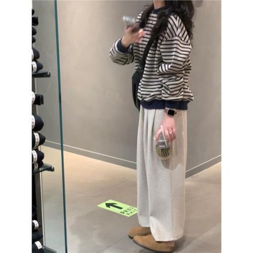 復古條紋長袖圓領衛衣女秋裝2025新款寬松設計感大碼休閑針織上衣