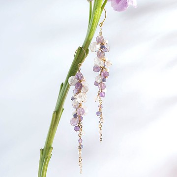 白幽靈紫水晶月光石垂墜式14K包金水晶耳環 禮物