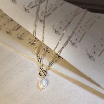 個性雙鍊巴洛克珍珠316醫療鋼項鍊/珍珠項鍊 抗敏鋼 14K金色