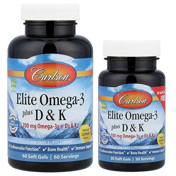 Carlson, Omega-3 魚油，含維生素 D 和 K，檸檬味，90 粒軟膠囊