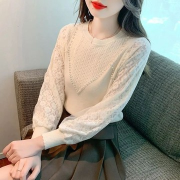 長袖T恤女 女裝上衣打底衫 新款春秋冬長袖T恤 大尺碼女裝 蕾絲拚接針織打底衫女新款春季女裝時尚洋氣時髦氣質長袖上衣