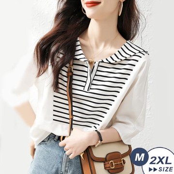 【LANNI 藍尼】★海軍領條紋針織拼接上衣(春夏/五分袖上衣/休閒百搭)