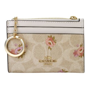 COACH   花卉圖案防刮PVC證件夾/零錢包(淺卡其x白)